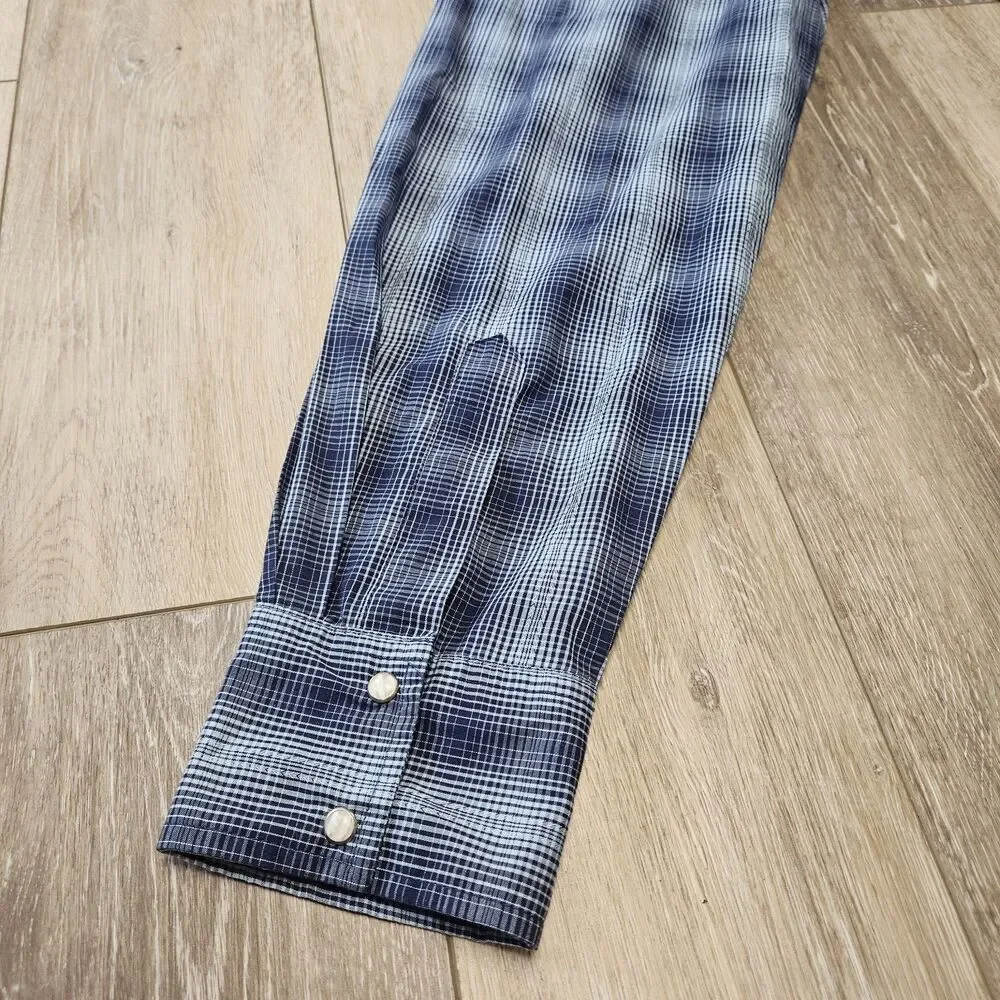 Wrangler Western Pearl Snap Blue Plaid Button Up Shirt Men's Medium Retro